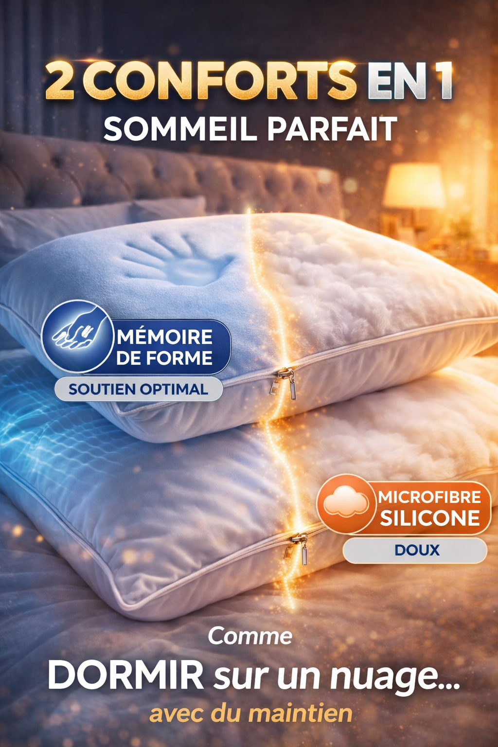 Oreiller Double Sensation 2 en 1 – Mémoire de Forme & Fibre Silicone Détachable